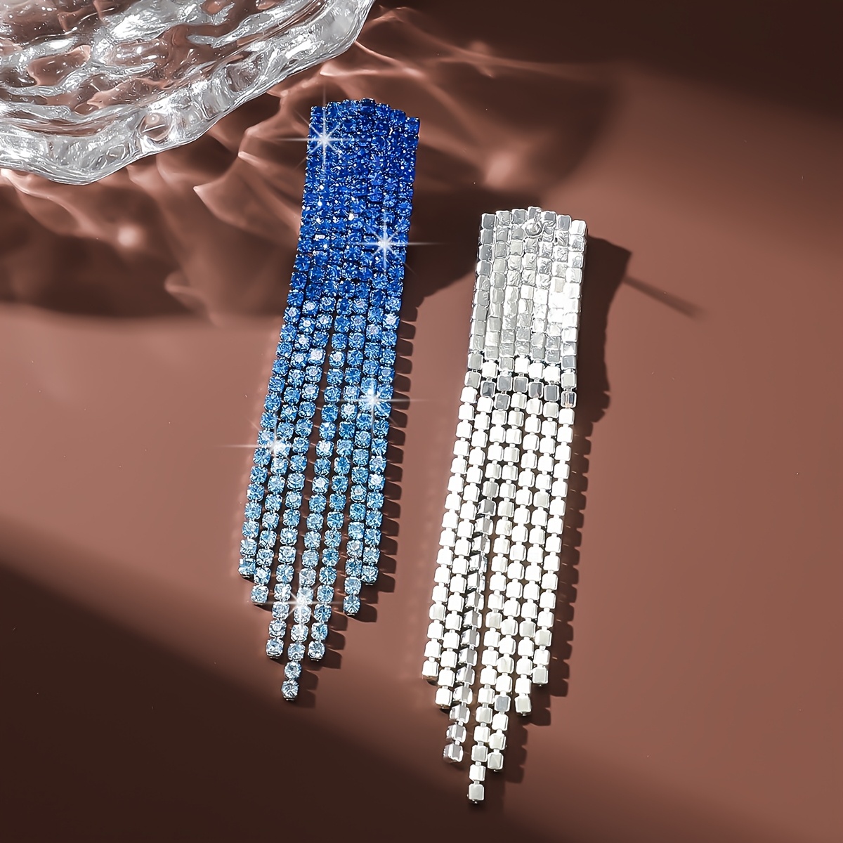 Gradient Color Inlaid Rhinestone Curved Tassel Earrings
